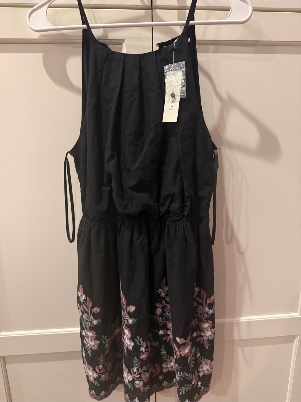 Mi Ami Black Sleeveless Mini Dress with Pink Floral Hem small 100% cotton